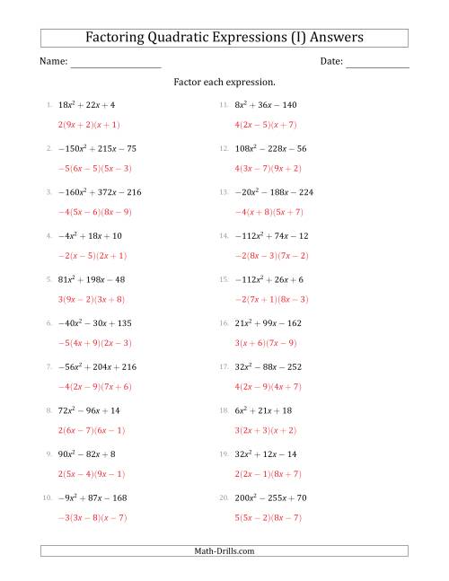 The Factoring Quadratic Expressions with Positive or Negative 'a' Coefficients up to 81 with a Common Factor Step (I) Math Worksheet Page 2