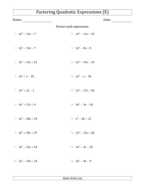The Factoring Quadratic Expressions with Positive 'a' Coefficients up to 4 (E) Math Worksheet