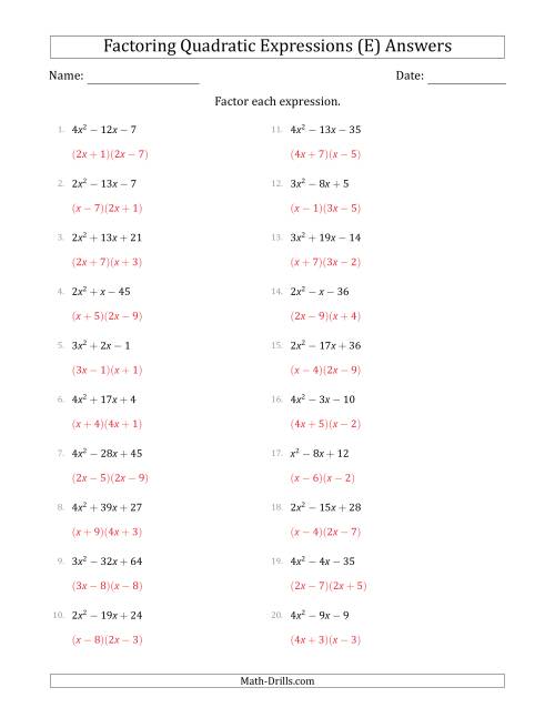 The Factoring Quadratic Expressions with Positive 'a' Coefficients up to 4 (E) Math Worksheet Page 2