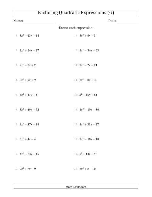 The Factoring Quadratic Expressions with Positive 'a' Coefficients up to 4 (G) Math Worksheet