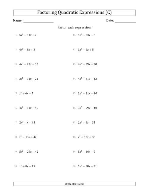 The Factoring Quadratic Expressions with Positive 'a' Coefficients up to 5 (C) Math Worksheet