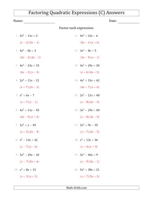 The Factoring Quadratic Expressions with Positive 'a' Coefficients up to 5 (C) Math Worksheet Page 2