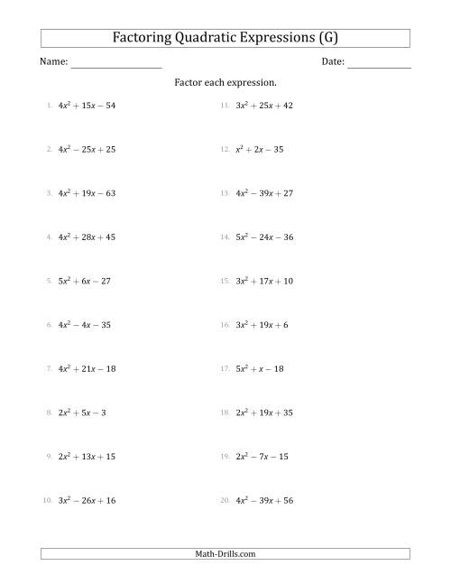 The Factoring Quadratic Expressions with Positive 'a' Coefficients up to 5 (G) Math Worksheet