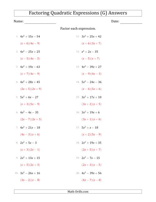 The Factoring Quadratic Expressions with Positive 'a' Coefficients up to 5 (G) Math Worksheet Page 2
