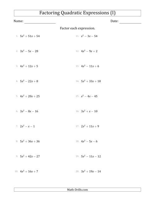 The Factoring Quadratic Expressions with Positive 'a' Coefficients up to 5 (I) Math Worksheet