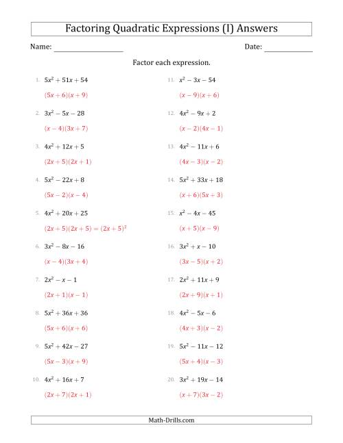 factoring quadratic expressions worksheet