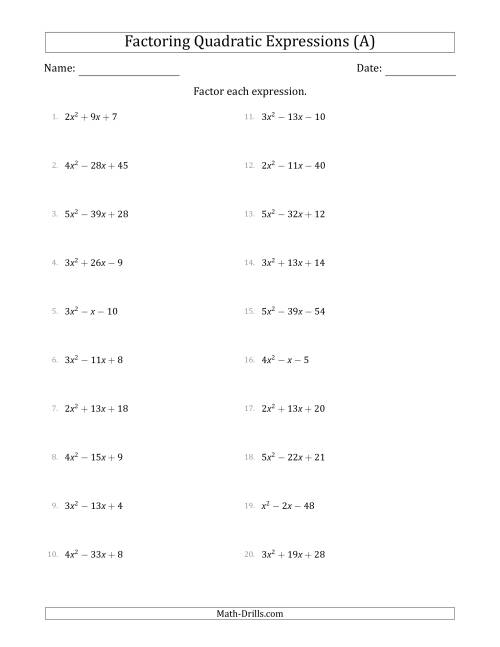 The Factoring Quadratic Expressions with Positive 'a' Coefficients up to 5 (All) Math Worksheet