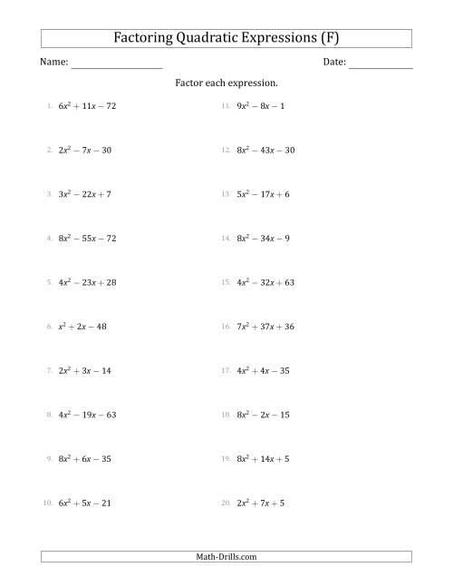 The Factoring Quadratic Expressions with Positive 'a' Coefficients up to 9 (F) Math Worksheet