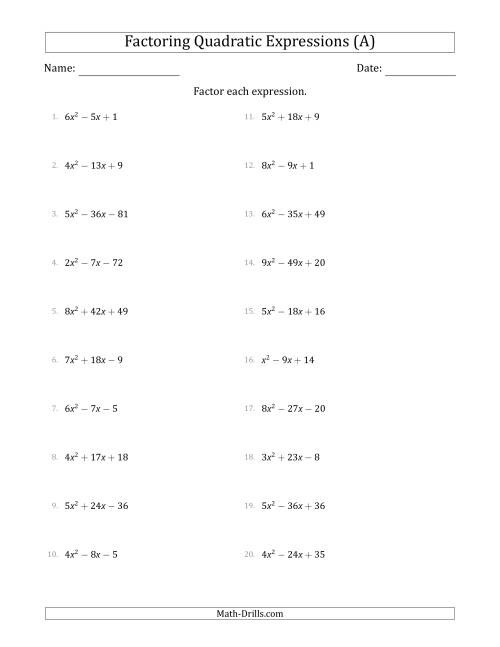 The Factoring Quadratic Expressions with Positive 'a' Coefficients up to 9 (All) Math Worksheet