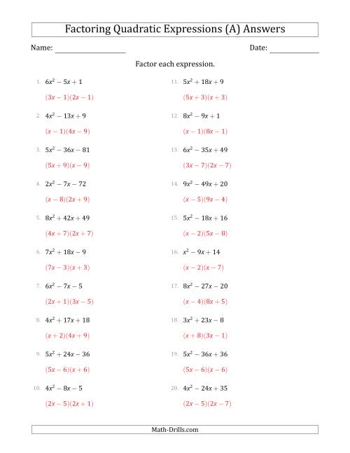 The Factoring Quadratic Expressions with Positive 'a' Coefficients up to 9 (All) Math Worksheet Page 2