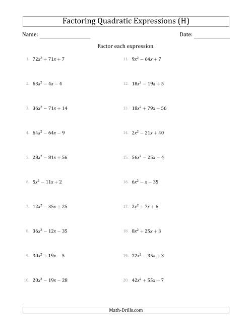 The Factoring Quadratic Expressions with Positive 'a' Coefficients up to 81 (H) Math Worksheet