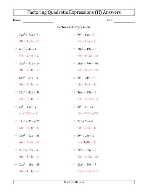 The Factoring Quadratic Expressions with Positive 'a' Coefficients up to 81 (H) Math Worksheet Page 2