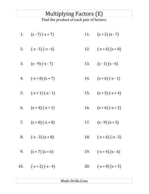 The Multiplying Factors of Quadratic Expressions with x Coefficients of 1 and -1 (E) Math Worksheet