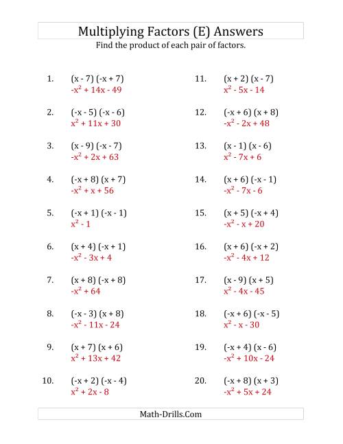 The Multiplying Factors of Quadratic Expressions with x Coefficients of 1 and -1 (E) Math Worksheet Page 2