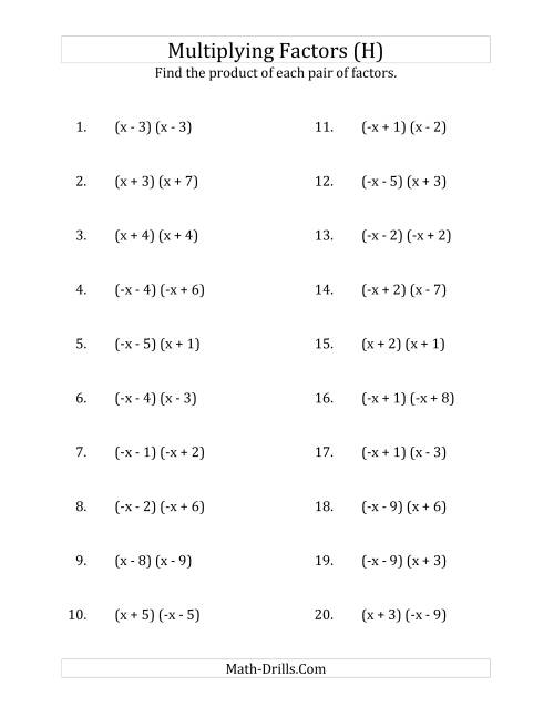 The Multiplying Factors of Quadratic Expressions with x Coefficients of 1 and -1 (H) Math Worksheet