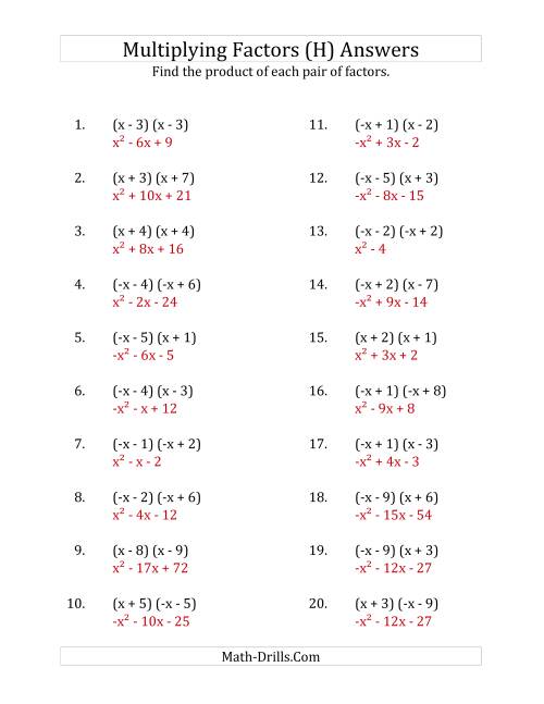 The Multiplying Factors of Quadratic Expressions with x Coefficients of 1 and -1 (H) Math Worksheet Page 2
