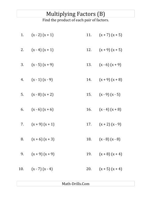 The Multiplying Factors of Quadratic Expressions with x Coefficients of 1 (B) Math Worksheet