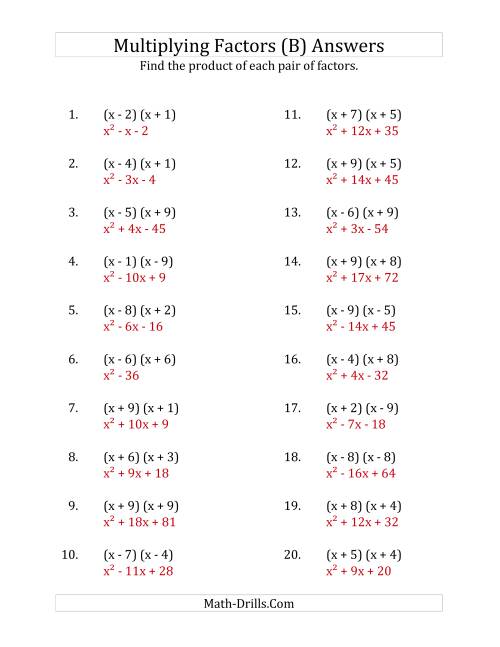 The Multiplying Factors of Quadratic Expressions with x Coefficients of 1 (B) Math Worksheet Page 2