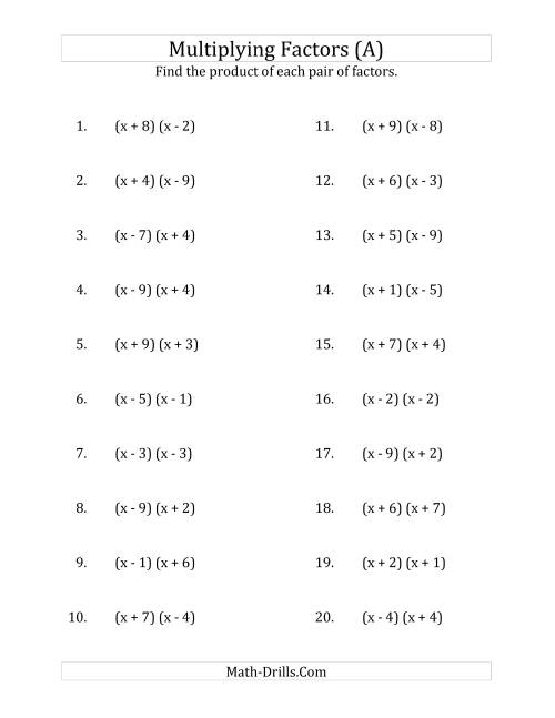 The Multiplying Factors of Quadratic Expressions with x Coefficients of 1 (All) Math Worksheet