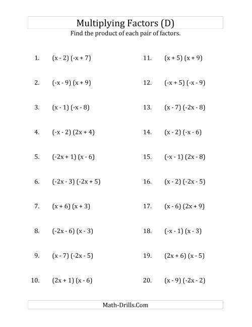 The Multiplying Factors of Quadratic Expressions with x Coefficients of 1, -1, 2 and -2 (D) Math Worksheet