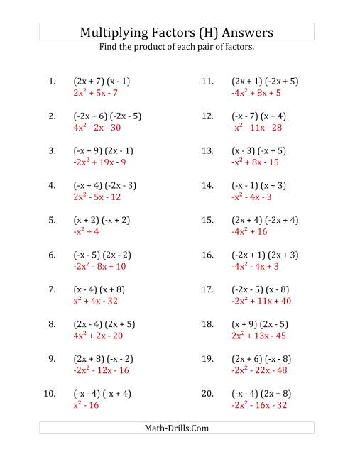 The Multiplying Factors of Quadratic Expressions with x Coefficients of 1, -1, 2 and -2 (H) Math Worksheet Page 2