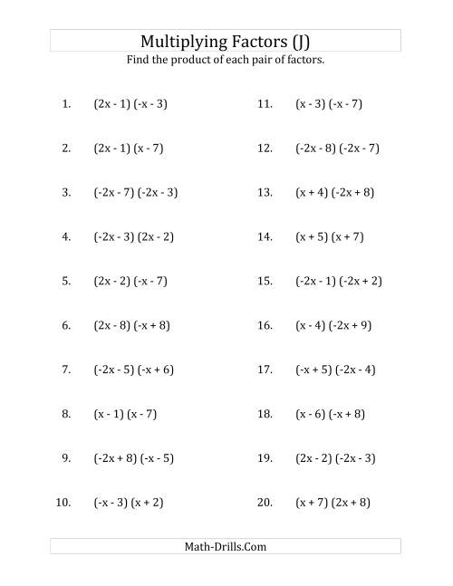 The Multiplying Factors of Quadratic Expressions with x Coefficients of 1, -1, 2 and -2 (J) Math Worksheet