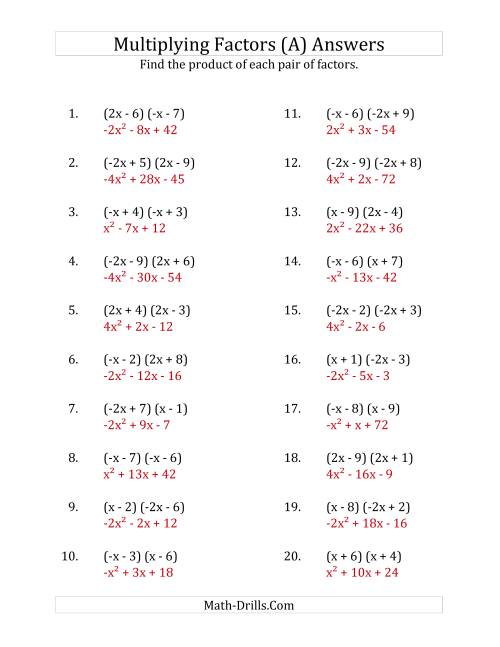The Multiplying Factors of Quadratic Expressions with x Coefficients of 1, -1, 2 and -2 (All) Math Worksheet Page 2