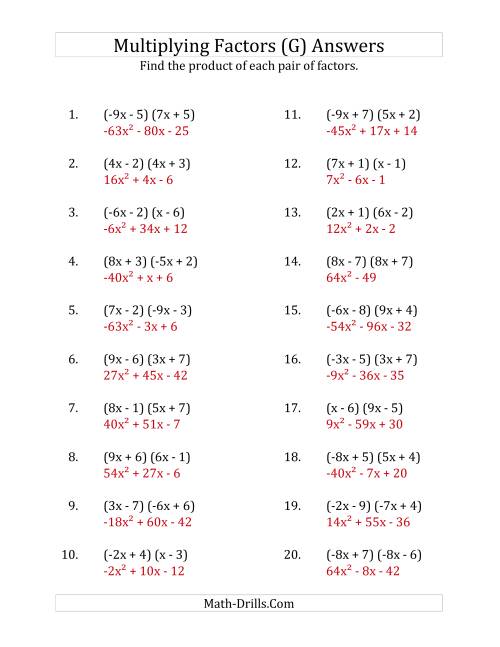 The Multiplying Factors of Quadratic Expressions with x Coefficients Between -9 and 9 (G) Math Worksheet Page 2