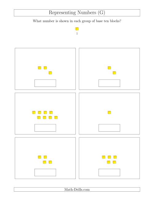 The Representing Numbers to 9 with Base Ten Blocks (G) Math Worksheet