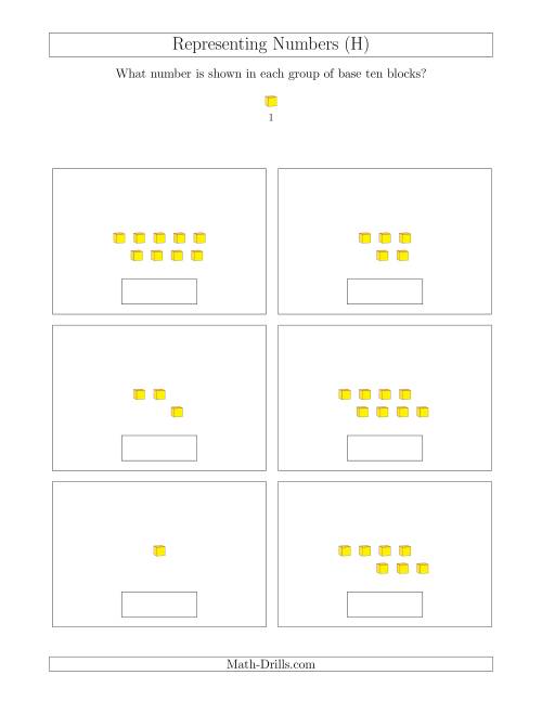 The Representing Numbers to 9 with Base Ten Blocks (H) Math Worksheet