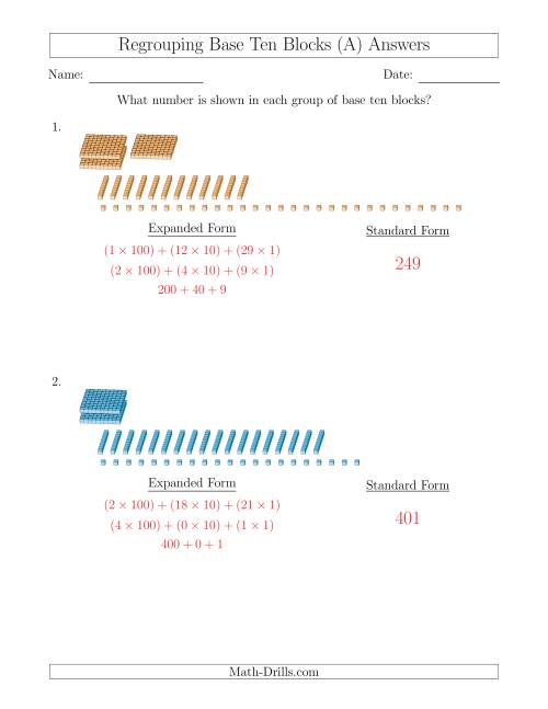 The Representing Numbers with Base Ten Blocks that Require Regrouping (No Thousands and Expanded Form Answers) (A) Math Worksheet Page 2