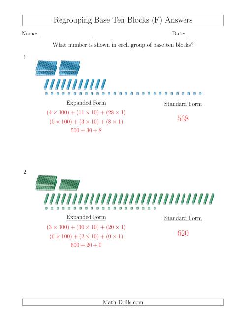 The Representing Numbers with Base Ten Blocks that Require Regrouping (No Thousands and Expanded Form Answers) (F) Math Worksheet Page 2