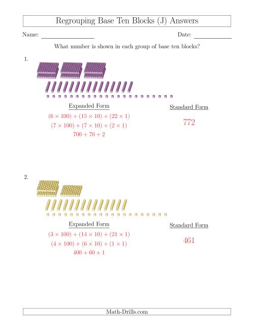 The Representing Numbers with Base Ten Blocks that Require Regrouping (No Thousands and Expanded Form Answers) (J) Math Worksheet Page 2