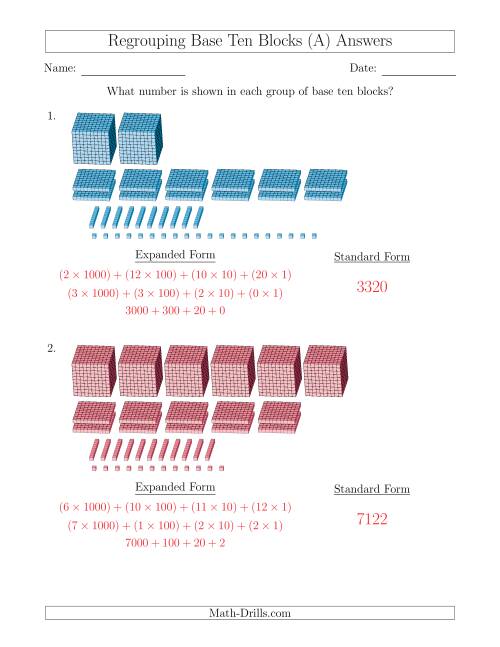 The Representing Numbers with Base Ten Blocks that Require Regrouping (Expanded Form Answers) (A) Math Worksheet Page 2