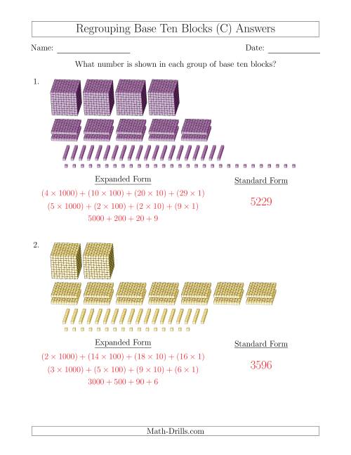The Representing Numbers with Base Ten Blocks that Require Regrouping (Expanded Form Answers) (C) Math Worksheet Page 2