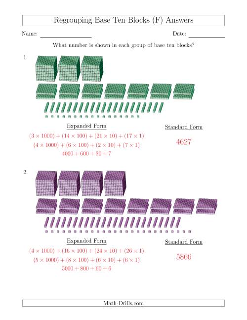 The Representing Numbers with Base Ten Blocks that Require Regrouping (Expanded Form Answers) (F) Math Worksheet Page 2