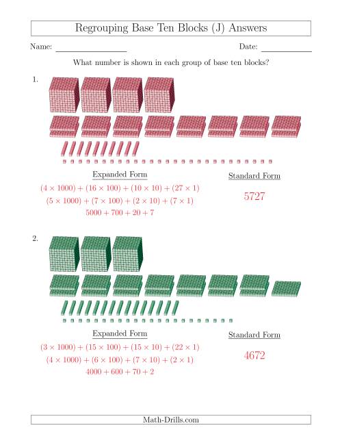 The Representing Numbers with Base Ten Blocks that Require Regrouping (Expanded Form Answers) (J) Math Worksheet Page 2