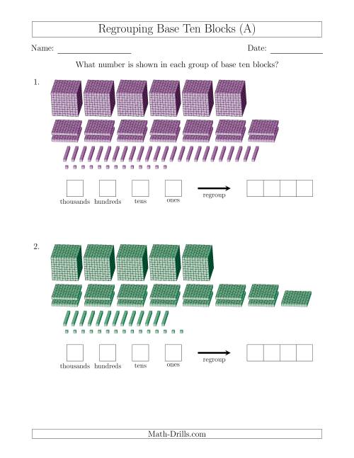 The Representing Numbers with Base Ten Blocks that Require Regrouping (A) Math Worksheet