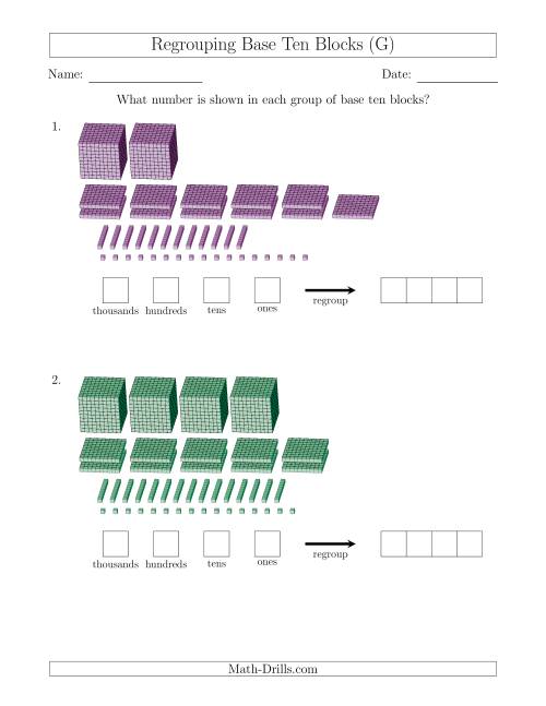 The Representing Numbers with Base Ten Blocks that Require Regrouping (G) Math Worksheet