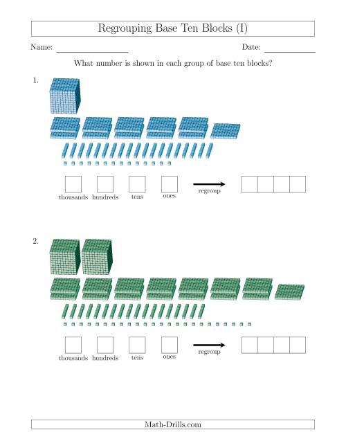 The Representing Numbers with Base Ten Blocks that Require Regrouping (I) Math Worksheet