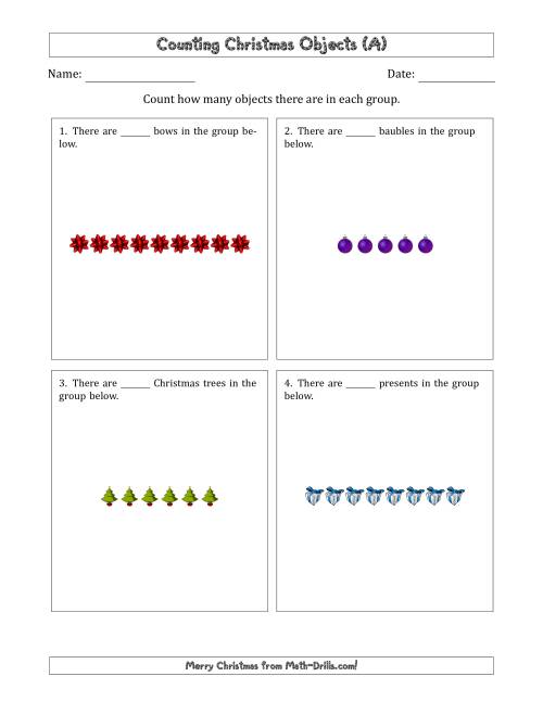 The Counting Christmas Objects in Counting Christmas Objects in Horizontal Linear Arrangements (A) Math Worksheet