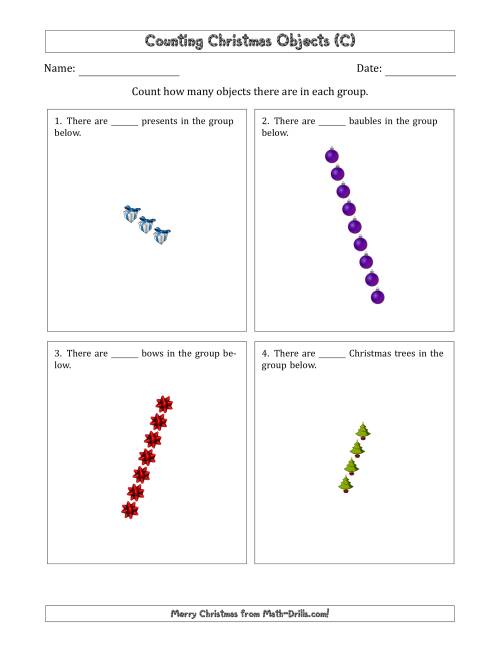 The Counting Christmas Objects in Rotated Linear Arrangements (C) Math Worksheet