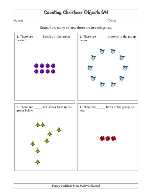 The Counting Christmas Objects in Various Arrangements (Easier Version) (A) Math Worksheet