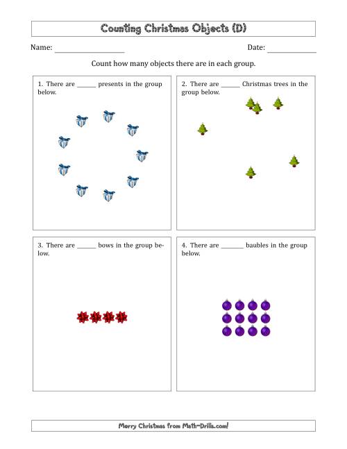 The Counting Christmas Objects in Various Arrangements (Easier Version) (D) Math Worksheet
