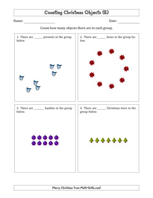 The Counting Christmas Objects in Various Arrangements (Easier Version) (E) Math Worksheet