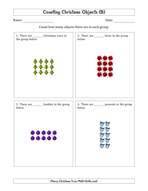 The Counting Christmas Objects in Rectangular Arrangements (Maximum Dimension 5) (B) Math Worksheet