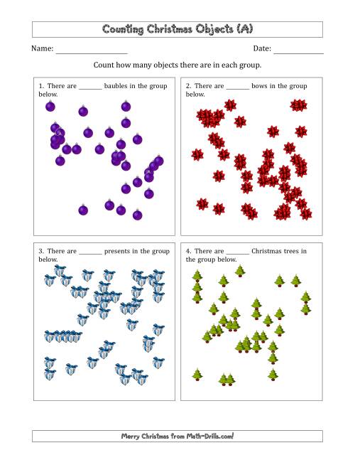 The Counting up to 50 Christmas Objects in Scattered Arrangements (A) Math Worksheet