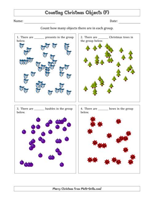 The Counting up to 50 Christmas Objects in Scattered Arrangements (F) Math Worksheet