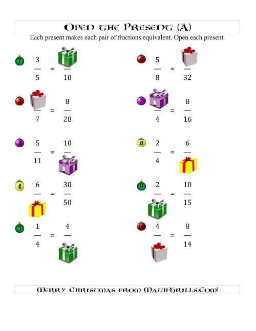 The Open the Present Equivalent Fractions (A) Math Worksheet