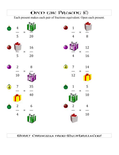 The Open the Present Equivalent Fractions (E) Math Worksheet